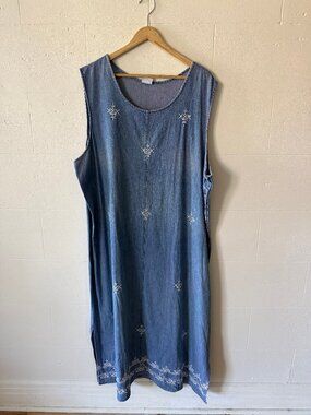 Vintage | Denim Blue Embroidered Boho Maxi Dress | 2X